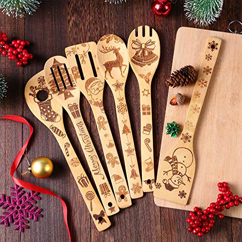 Christmas Wooden Spoons & Spatula Set - 6 Pcs Kitchen Utensils with Holiday Designs