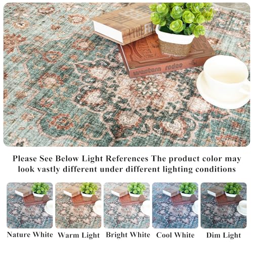 Washable Oriental Area Rug - Green 8x10 Vintage Floral Non-Slip Carpet