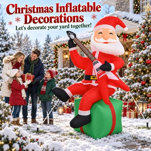 Paeyeq 5FT Christmas Inflatable Santa with Guitar - Outdoor Holiday Decor, Red & Green Variant