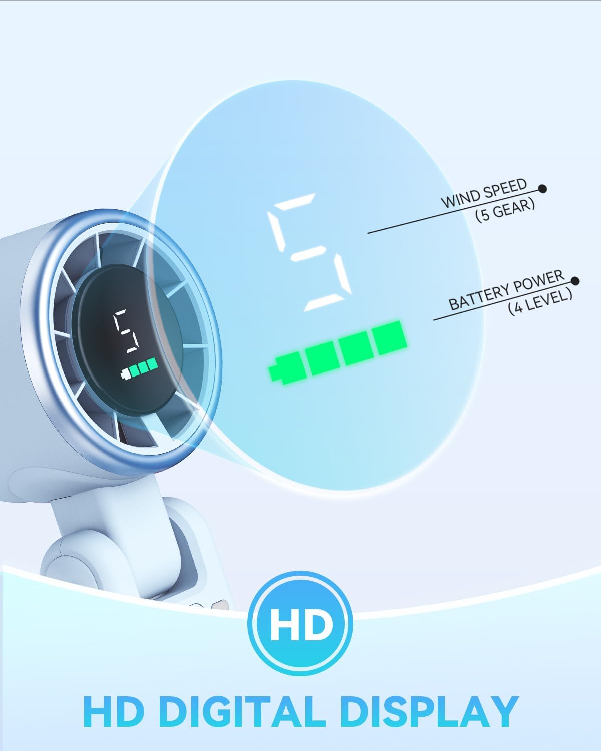 PlayHot Portable Handheld Turbo Fan - 5-Speed Rechargeable Personal Fan | 5000mAh Battery, 12-Hour Use, 3-in-1 Design (Blue)
