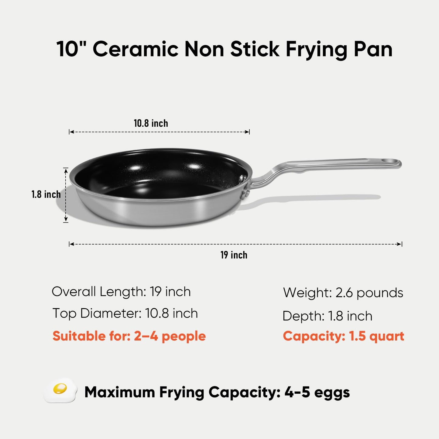 GLOBEHOME 5 Ply Ceramic Non Stick Frying Pans - 10 Inch Stainless Clad Nonstick Skillet, Non Toxic, PTFE & PFOA FREE, Professional Cookware for Induction, All Stoves and Oven up to 650°F