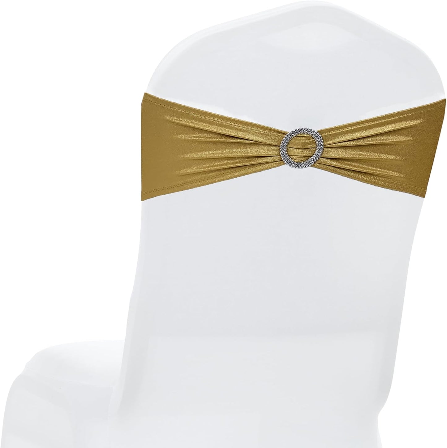 MDS Spandex Foil Chair Sashes - Universal Elastic Stretch Bands with Buckle for Weddings | Metallic Gold, Pack of 100