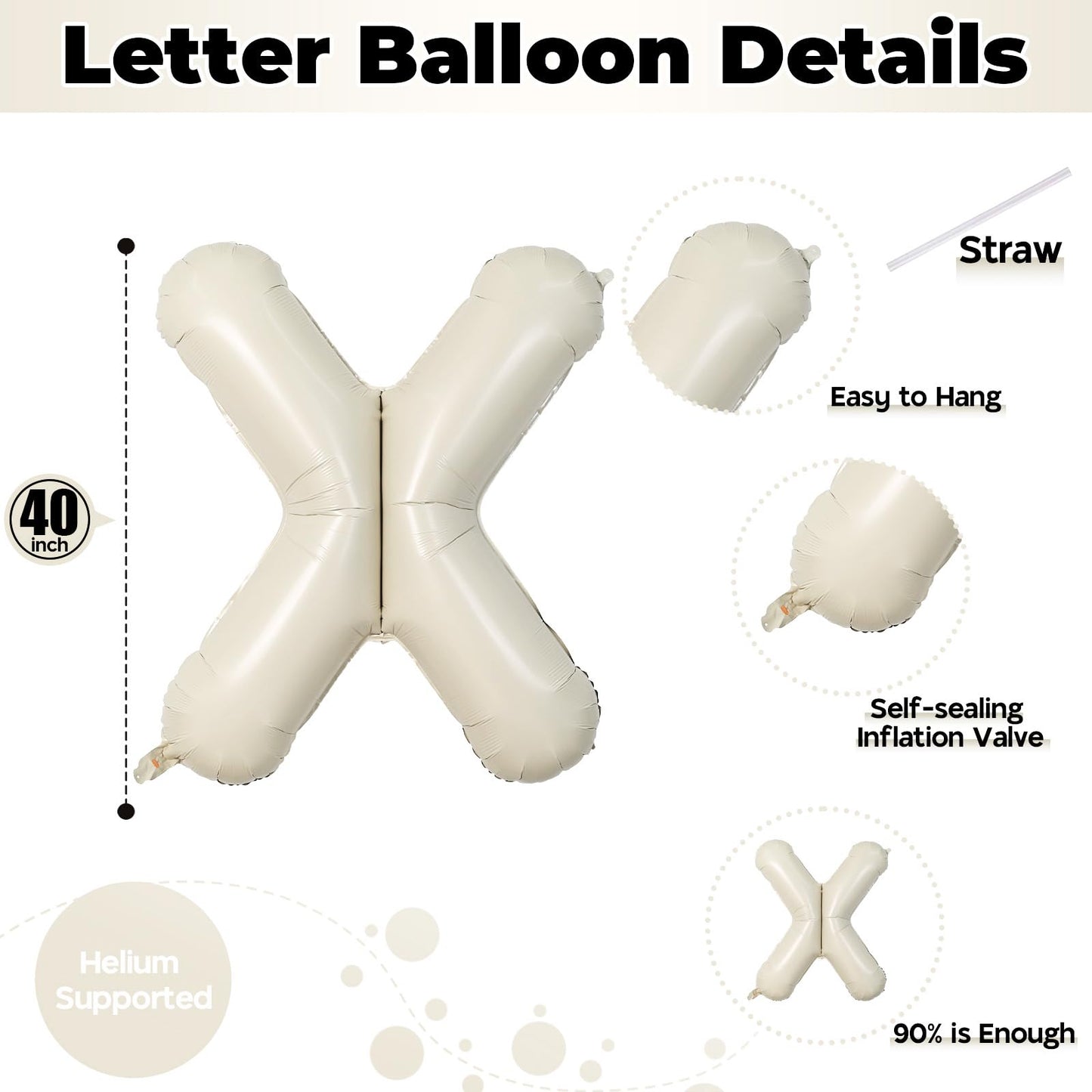 Giant Alphabet X Foil Name Balloons, Cream Ivory White Inflatable Word X Letters for Birthday Decor, 40 Inch Mylar Beige A-Z Custom Letter for Girls Baby Shower Party Decoration Supplies
