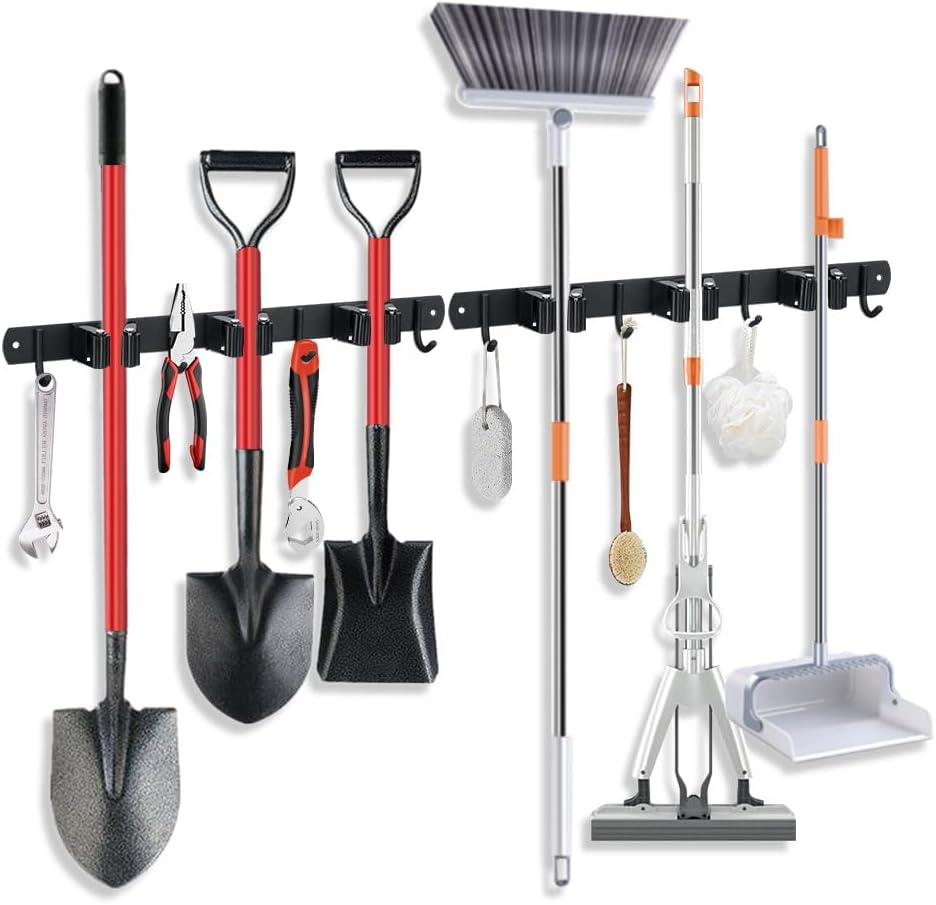 Stainless Steel Broom Hanger & Mop Holder | Heavy-Duty Garden Tool Organizer Rack - Matte Black, 2 Pack