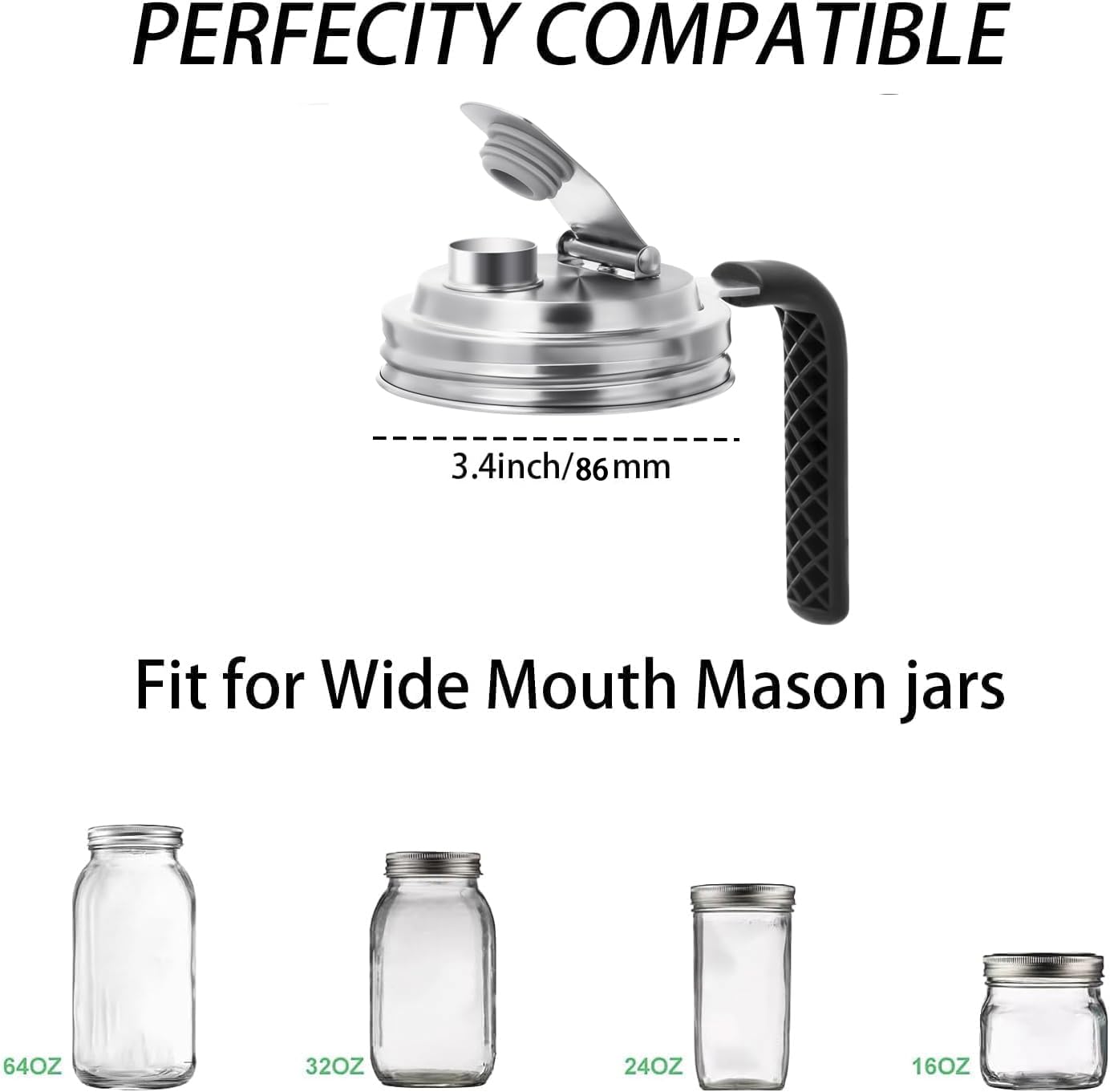 Wide Mouth Mason Jar Flip Pouring Spout Lids with Handle.Turns Mason Jar to Pitcher.Suitable for Drinking, Salad, Dressing Pouring, Leak-Proof (Wide Mouth with Handle)