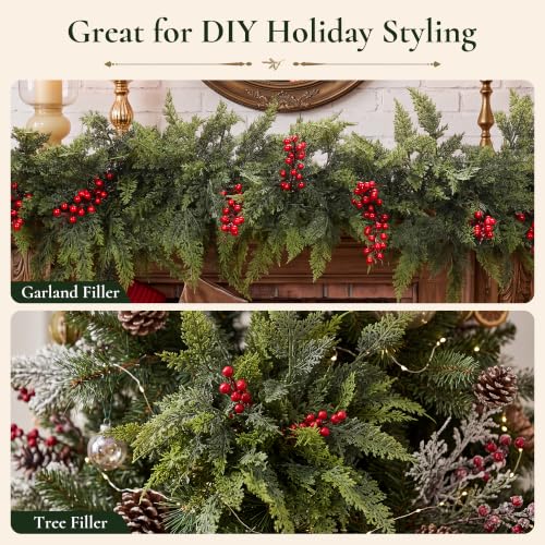 LAOWUJA 12 Pcs Artificial Cedar Branches 17.5" with 3 Red Berry Picks - Holiday Faux Greenery for Christmas Decor