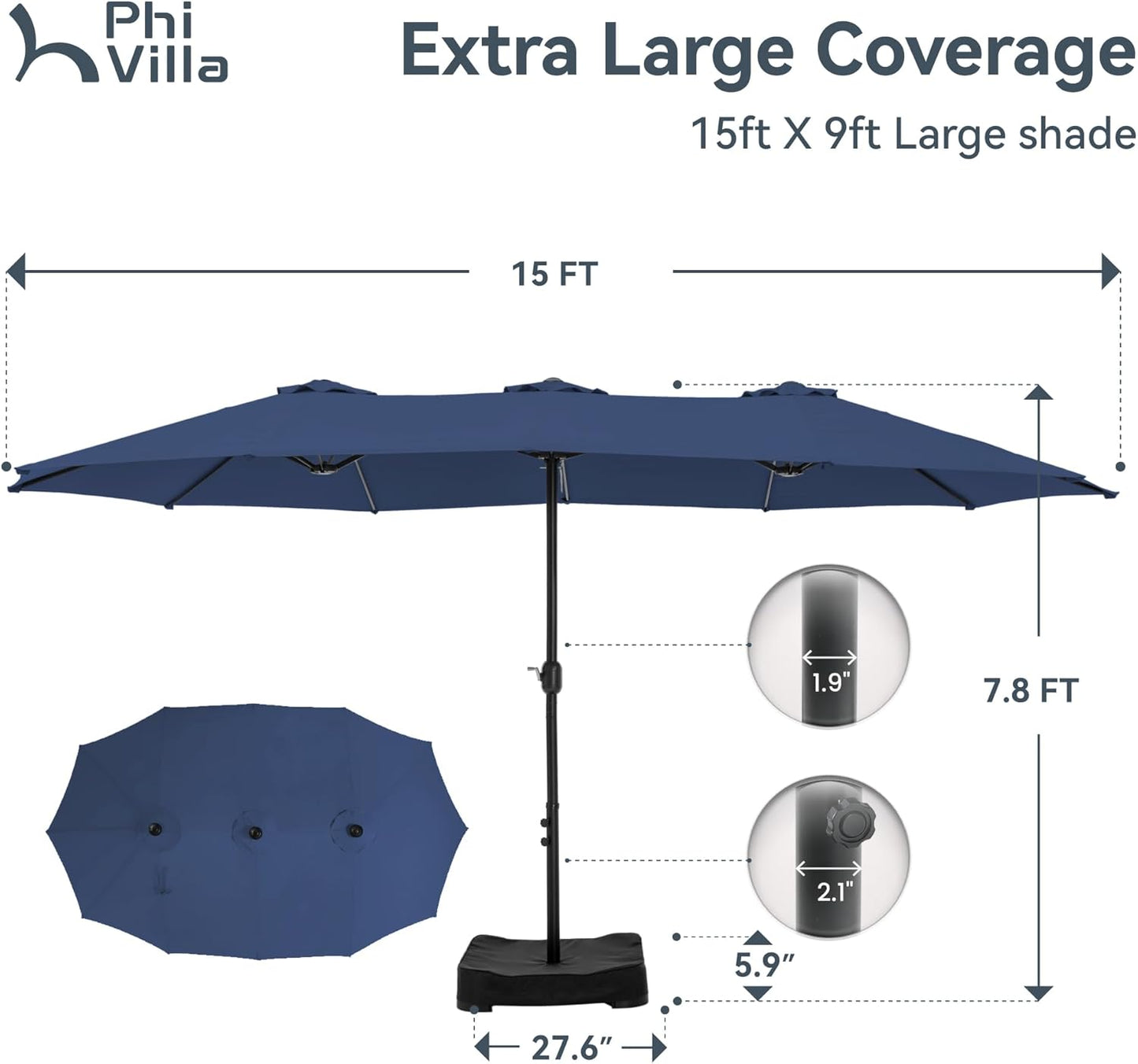 PHI VILLA 15ft Double-Sided Patio Umbrella - Navy Blue Market Umbrella with Base & Crank Handle for Outdoor Use