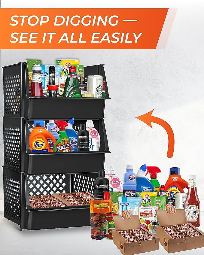 Skywin Black Stackable Open Front Pantry Storage Bins - 6 Pack
