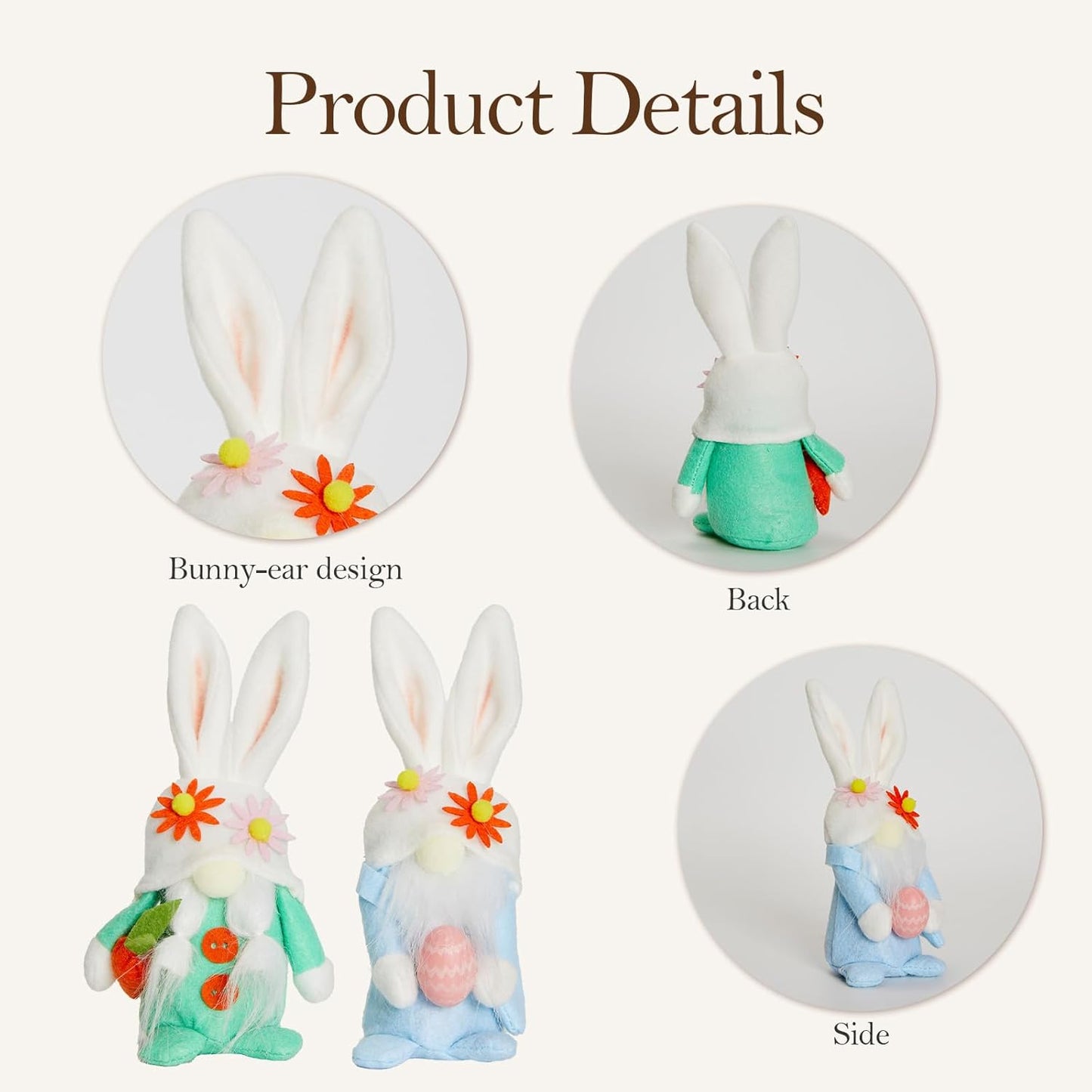 WDS Wondrous Easter Decorations - 2-Pc Bunny Gnome Stuffed Dolls with Carrot & Egg | Cute Spring Home Decor