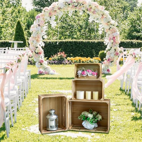 MACVAD Torched Brown Large Rustic Wooden Storage Crates Set of 4, Farmhouse Nesting Boxes