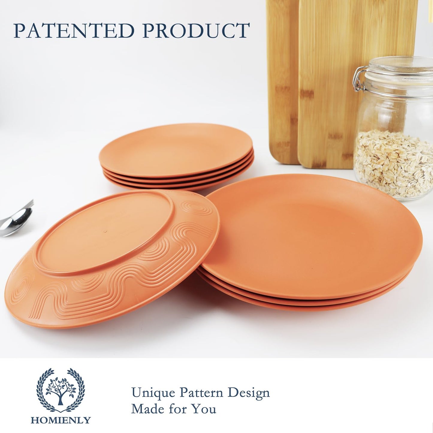 Homienly Flat Dinner Plate Set of 8 - Alternative for Plastic, Microwave and Dishwasher Safe, Wheat Straw Dinnerware for Kitchen, Unbreakable Kids (Orange, 9 Inch), MS 01
