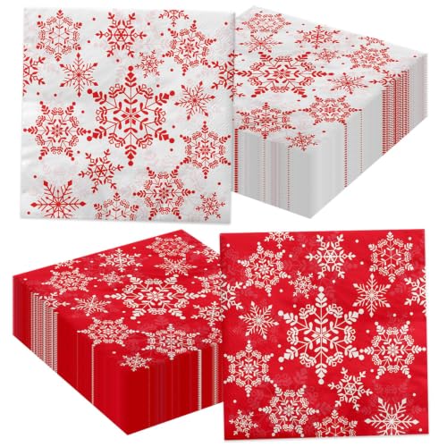 100 Pcs Christmas Snowflake Napkins - Red & White Holiday Paper Napkins for Xmas Party