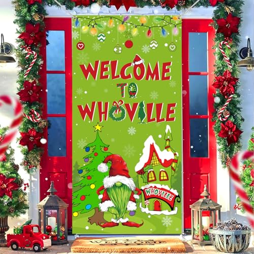 Christmas Door Cover Decorations, Green Welcome to Christmas Party Door Banner Decorations 71x35inch Gnome Tree Pattern Winter Door Decorations Indoor Outdoor