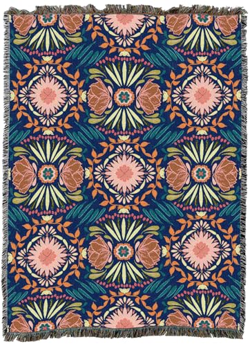 Pure Country Weavers Peony Medallion Navy Blanket, 72x54 - Made in USA, Woven Cotton