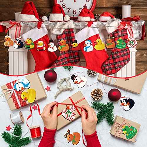 48 Pcs Christmas Wooden Duck Ornament Holiday Duck Tree Xmas Hanging Ornament Santa Snowman Christmas Characters Duckies for Xmas Tree Party Themed Decoration