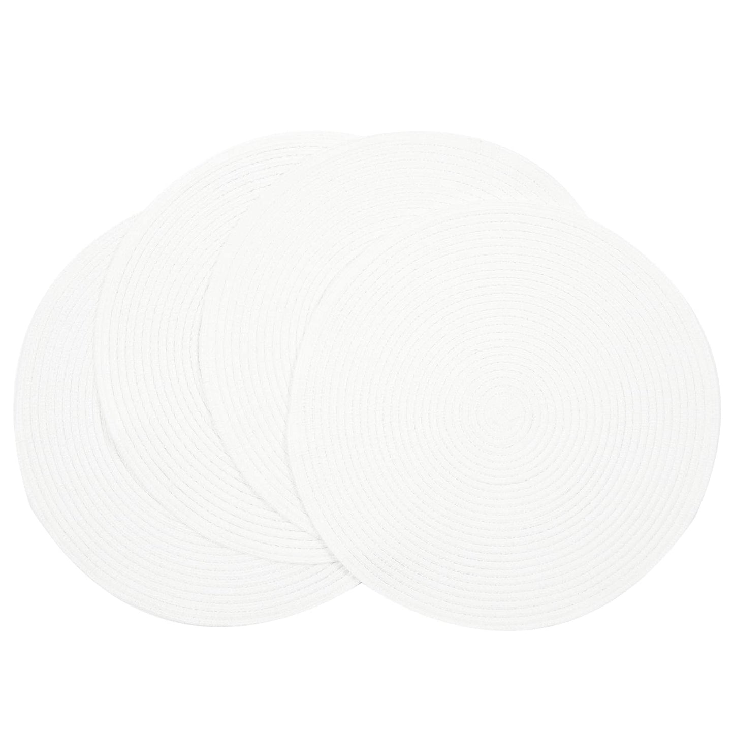 SHACOS Round Braided Placemats Set of 4 Washable Round Table Mats for Dining Table 15 inch (White, 4)