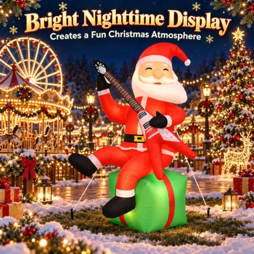 Paeyeq 5FT Christmas Inflatable Santa with Guitar - Outdoor Holiday Decor, Red & Green Variant