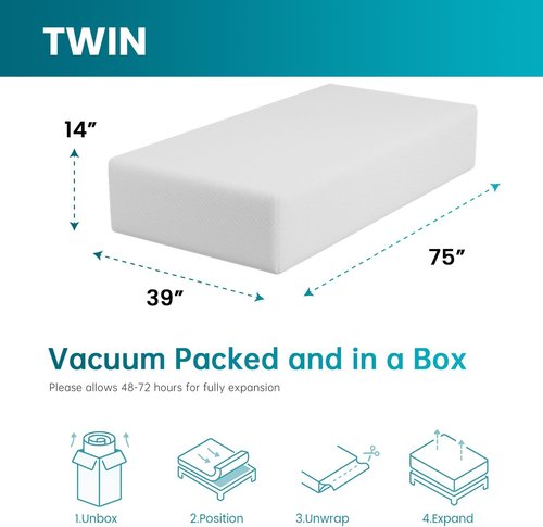FDW 14-Inch Twin Gel Memory Foam Mattress - Medium Firm | CertiPUR-US Certified | Pressure Relief & Cooling Cover