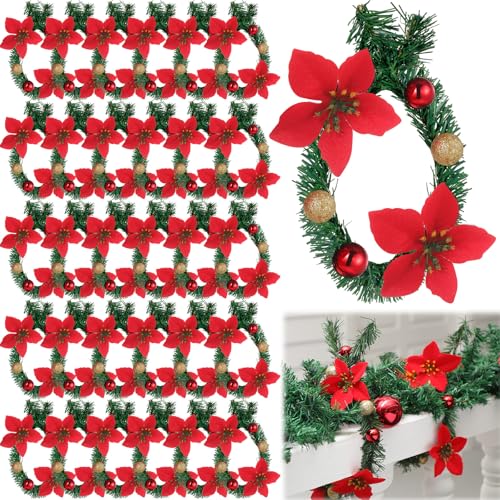 Zhengmy 30 Pcs Christmas Garland Ties with Poinsettia & Ornaments — Flexible Holiday Railing Decor, 20 Inch
