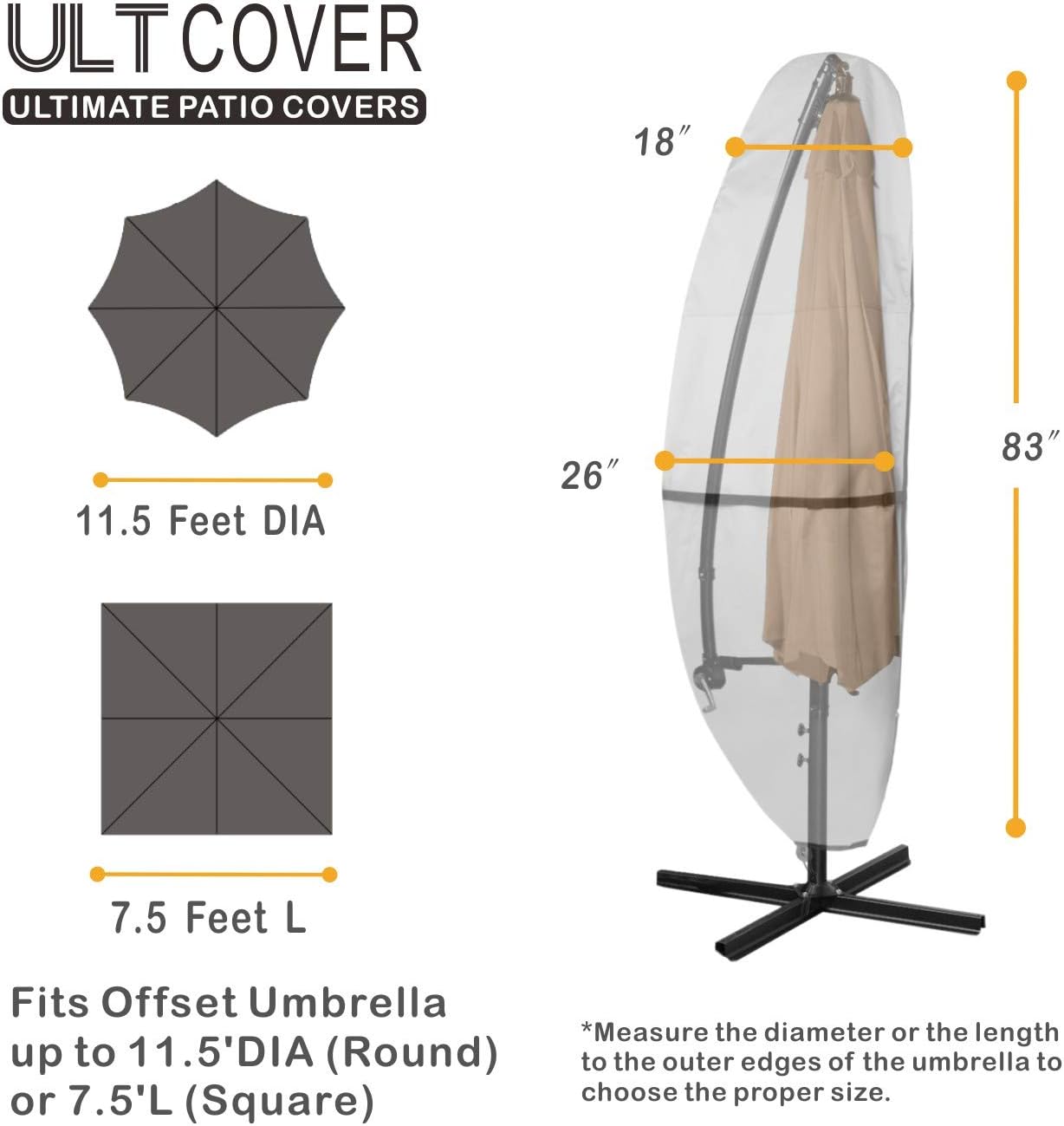 ULTCOVER Patio Umbrella Cover - 600D Waterproof Protection for 7.5-11.5 Ft Offset Umbrellas | Black