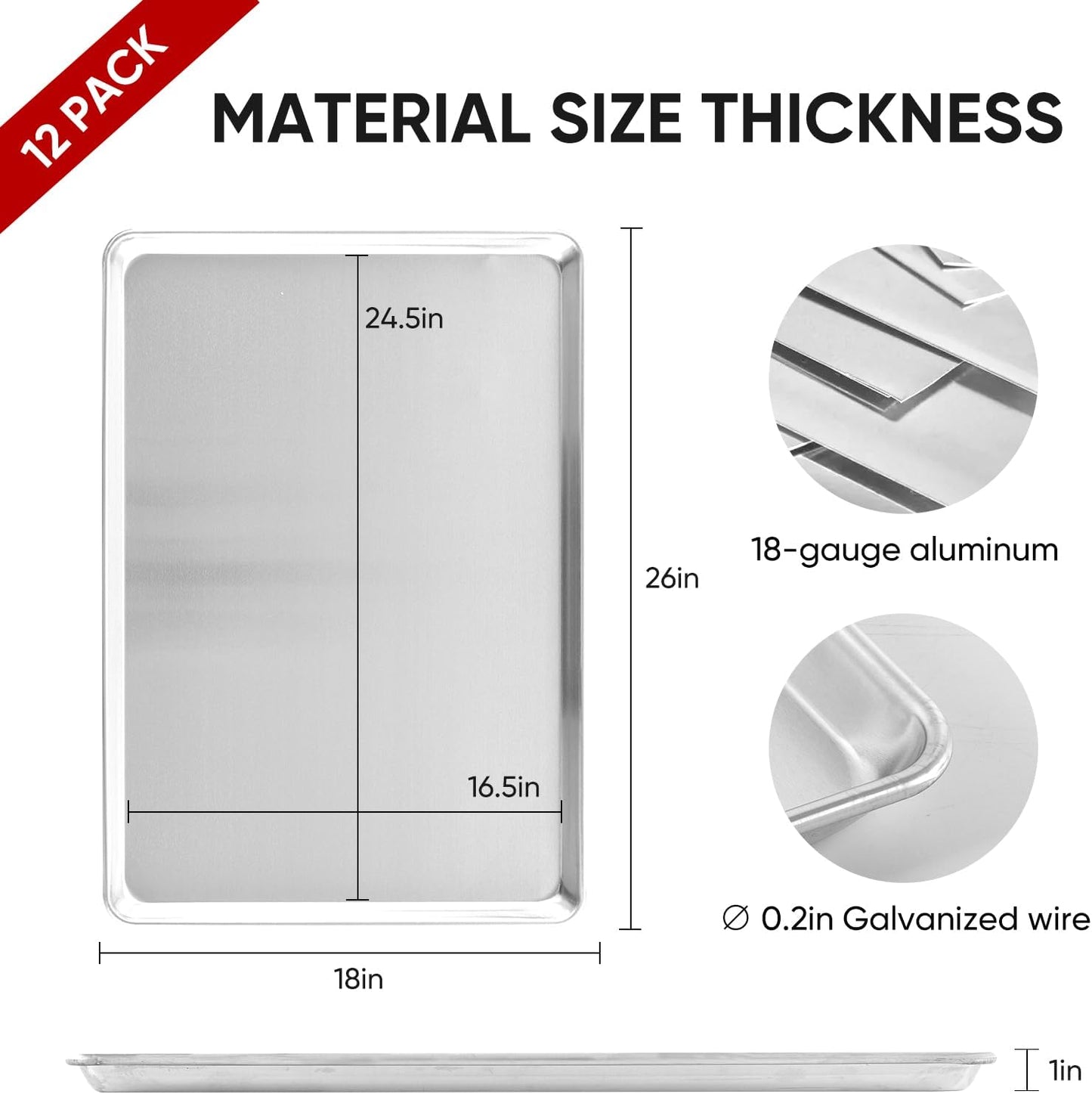 TENUP 12 Pack Aluminum Full Sheet Pans - Heavy Duty Baking Trays, 26" x 18", Warp-Resistant & Rust-Free