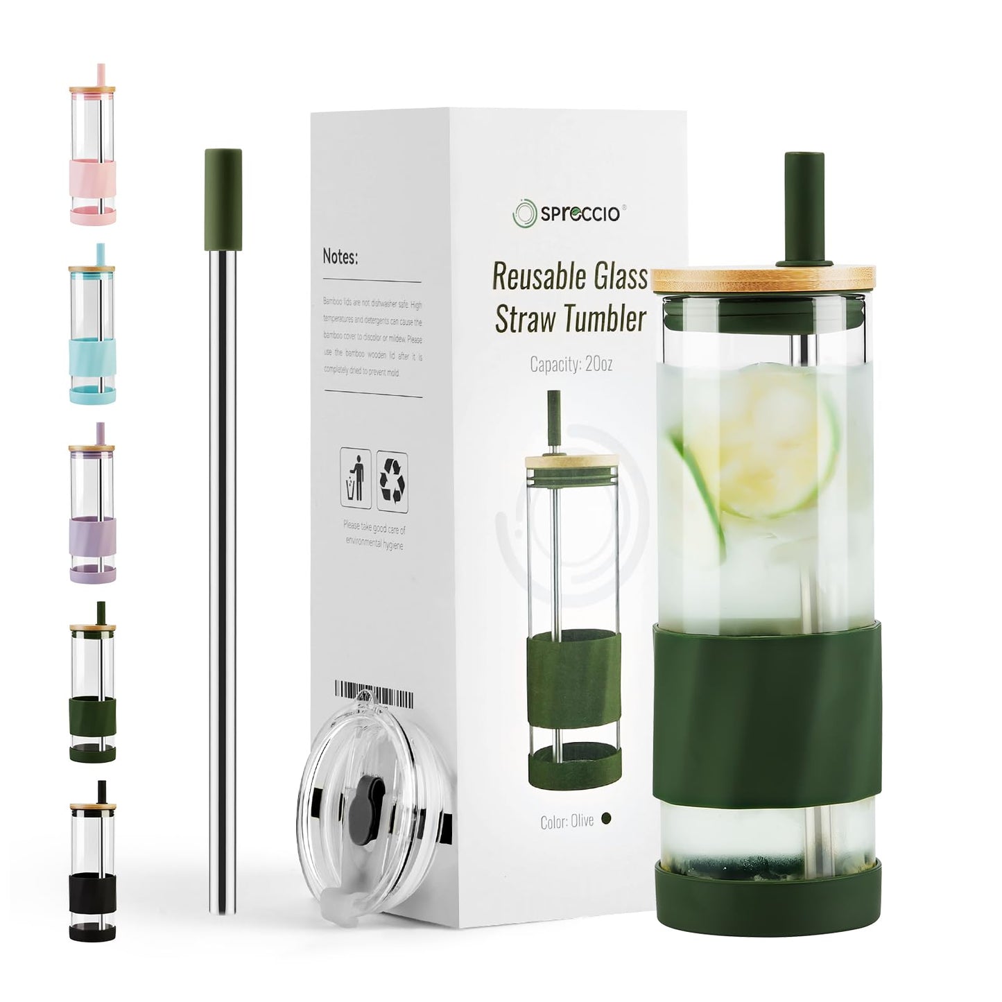 Spreccio Glass Cups With Lids and Straws, 20oz Reusable Iced Coffee Cup, Olive Glass Tumbler with Silicone Sleeve, Perfect for Fruity Drinks, Iced Tea, or Smoothies