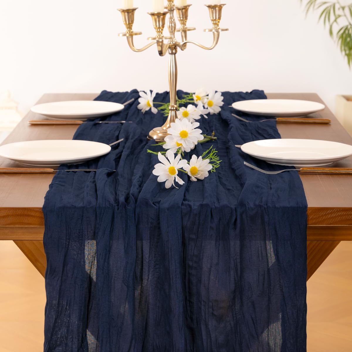 Socomi Navy Blue Summer Cheesecloth Table Runner Boho Rustic Gauze 120 inch 10FT Cheese Cloth Sheer Runner for Wedding Party Baby Shower Birthday Home Decor Holiday Decorations