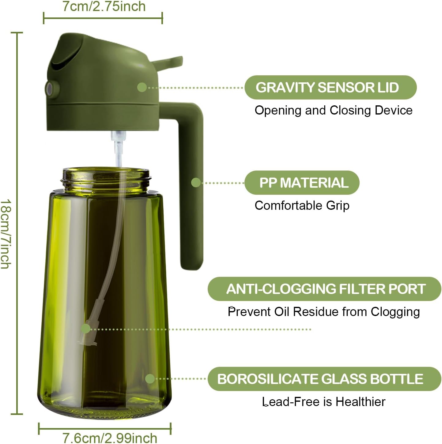 YARRAMATE 16oz Dark Green Oil Sprayer - Premium Food-Grade 2-in-1 Olive Oil Dispenser for Cooking & BBQ