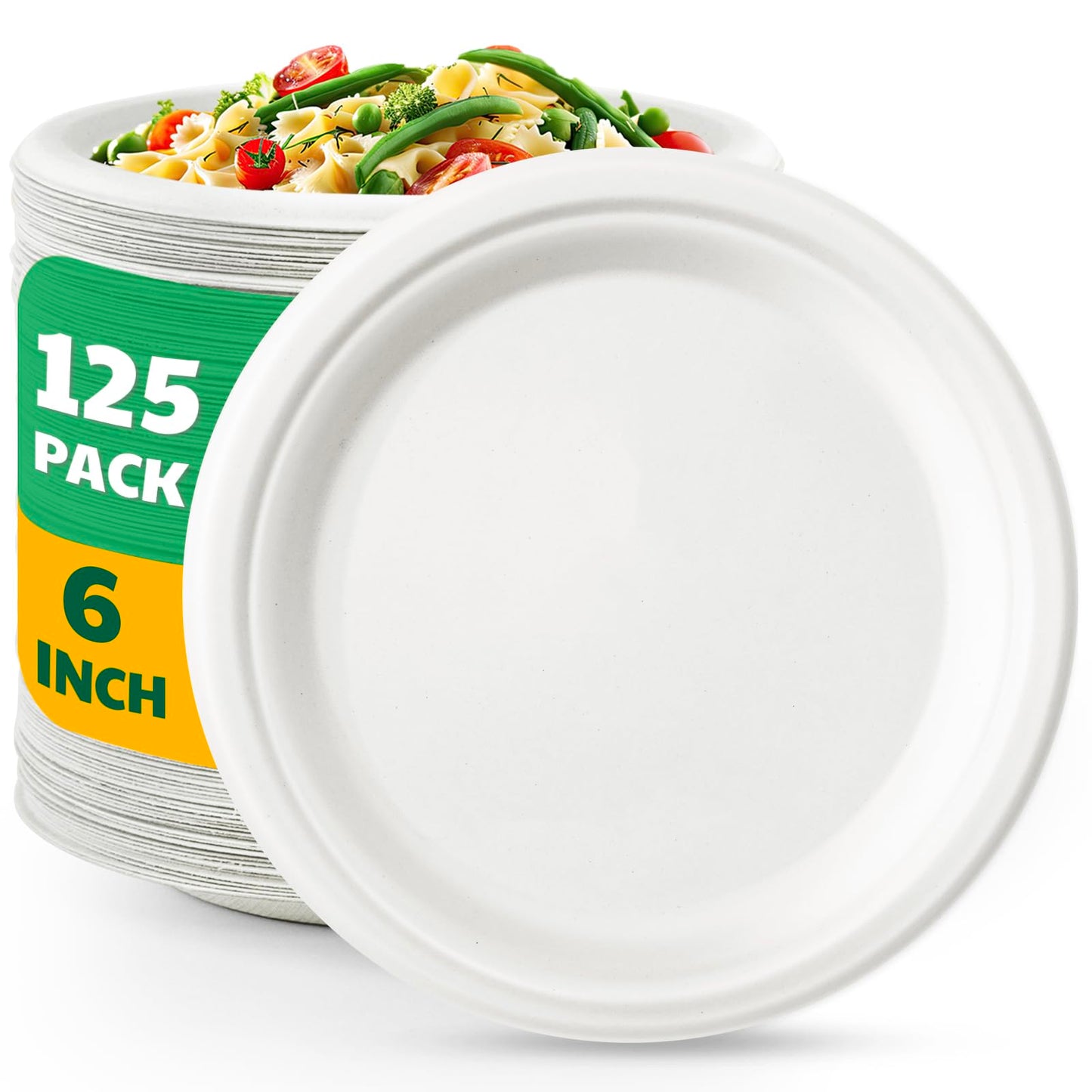 Joyborn 100% Compostable Paper Plates, 6 Inch, 125 Count, Heavy Duty Disposable Plates by Biodegradable Bagasse, Dessert Plates Bulk for Party | Microwave-Safe | Soak-Resistant, Cut Resistant