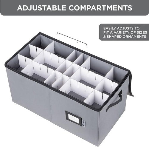 Christmas Ornament Storage Container | Large Organizer Bin with Dividers - Stores Up to 54 Ornaments, Adjustable, Grey