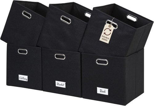 DECOMOMO Black Storage Bins - 11-Inch Cube Felt Baskets with Labels | Set of 6 for Organizing