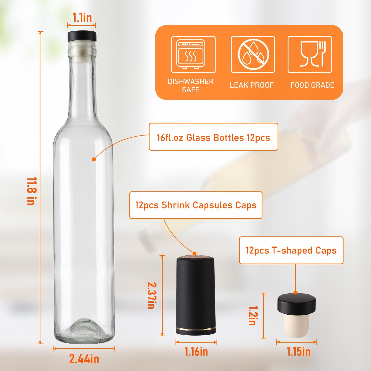 Alotpower Wine Bottles 12oz with T-top Caps & Seal Shrink Capsules Caps12Pack, 375 ml Glass Bottles for Wine Making,Empty Glass Bottles with Cork for Kefir,Beverages,Kombucha(12fl.oz/375ml)