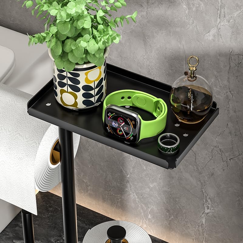 Skiennix Modern Bathroom Toilet Paper Stand - Black Metal Holder with Storage Shelf for 3 Mega Rolls | 24x12x60 Inches