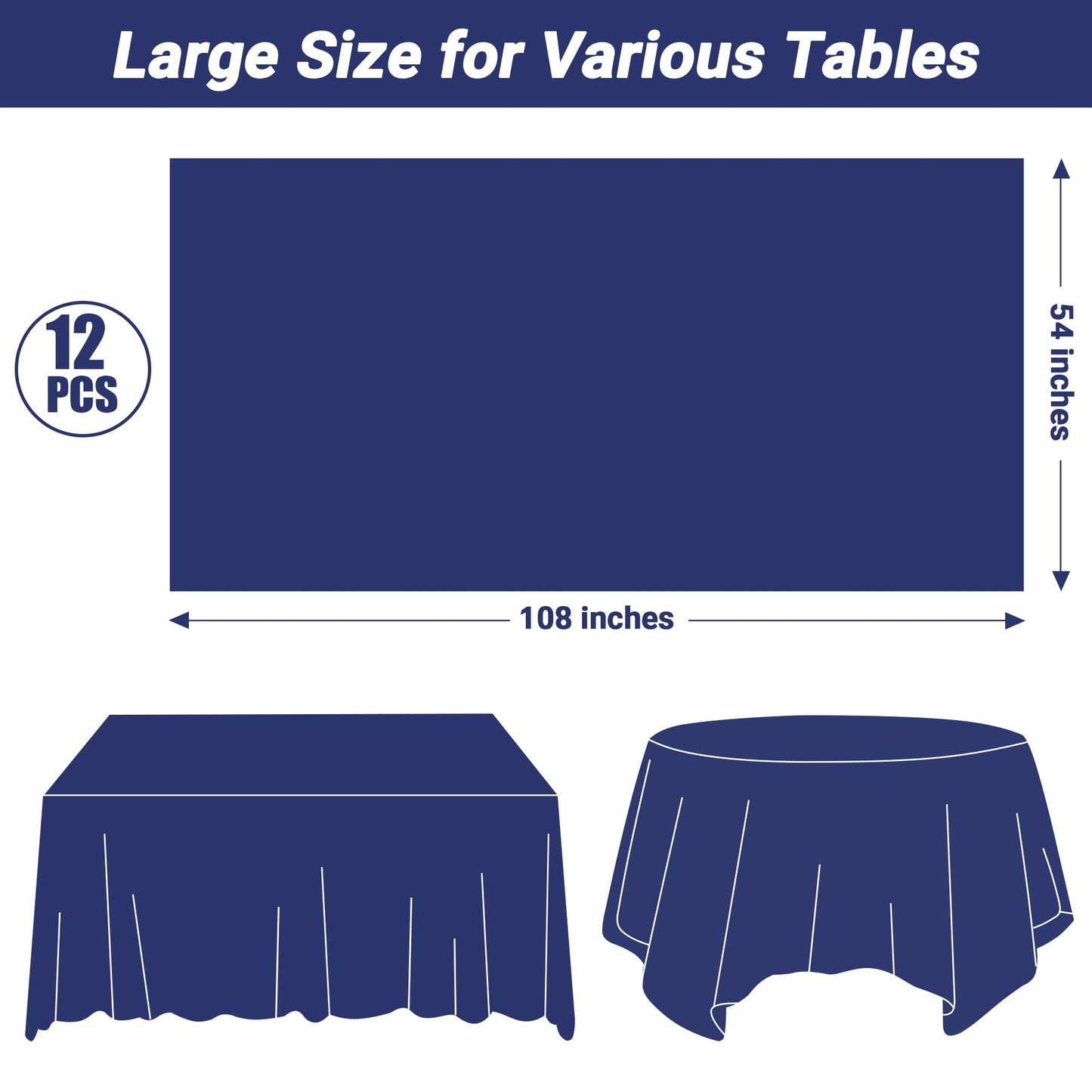 QZYL 12 PCS Navy Plastic Tablecloths, 54 in x 108 in Dinner Table Cloths, Rectangle Table Cover for Birthday Party Family Gathering Wedding