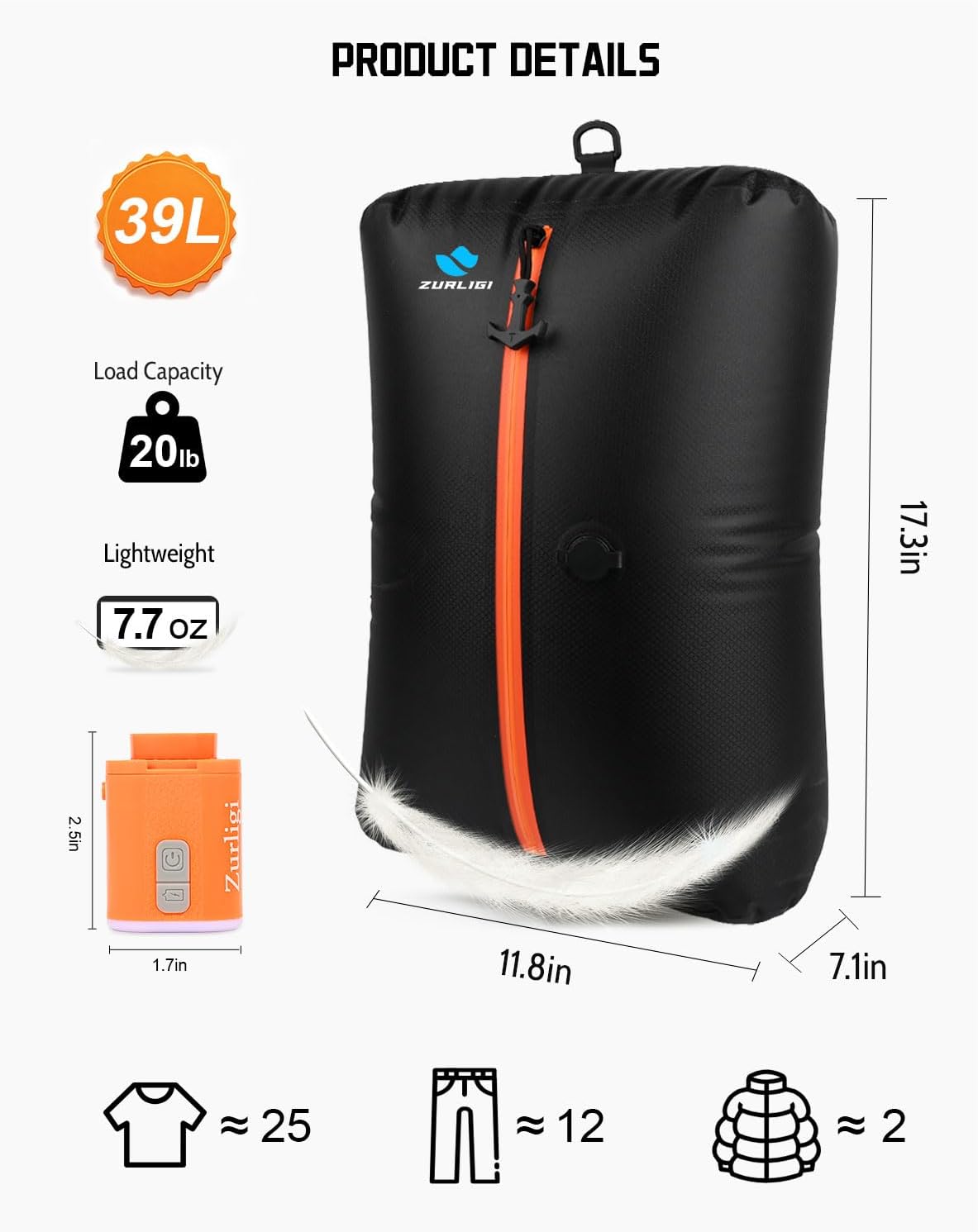 Zurligi Vacuum Compression Bags - IPX8 Waterproof Packing Cubes | Reusable 39L Travel Bags (3-Pack Black)