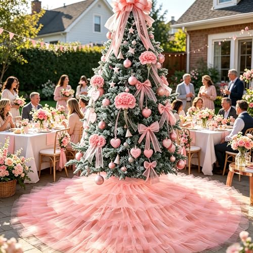 Yuboo 60 Inch Blush Pink Tulle Tree Skirt with 6 Ruffles Christmas Decor