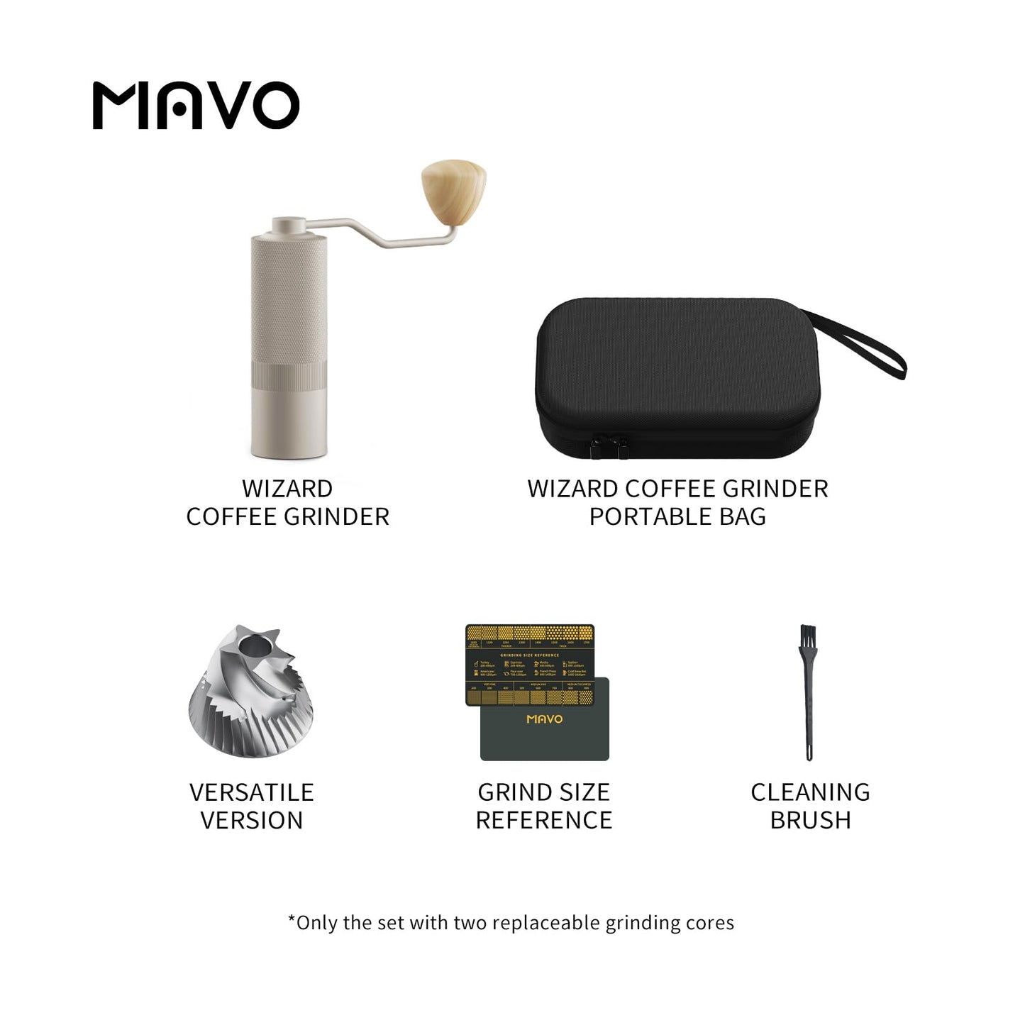 MAVO Manual Coffee Grinder, Wizard Hand Coffee Grinder, Capacity 25g with CNC Stainless Steel Pentagon Conical Burr, Adjustable Setting, Burr Coffee Bean Grinder for French Press, Pour Over, Silver