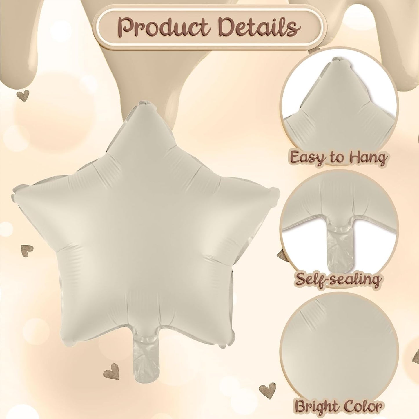 Skiennix 30 Balloons Decor - Beige Nude Apricot Brown Foil Star & Heart Balloons | 40'' White Sand Helium Number 30 for 30th Birthday & Wedding Anniversary Celebrations
