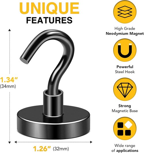 DIYMAG Magnetic Garage Hooks - Heavy Duty 120lbs Capacity | 10 Pack for Fridge, Classroom, Kitchen - Black