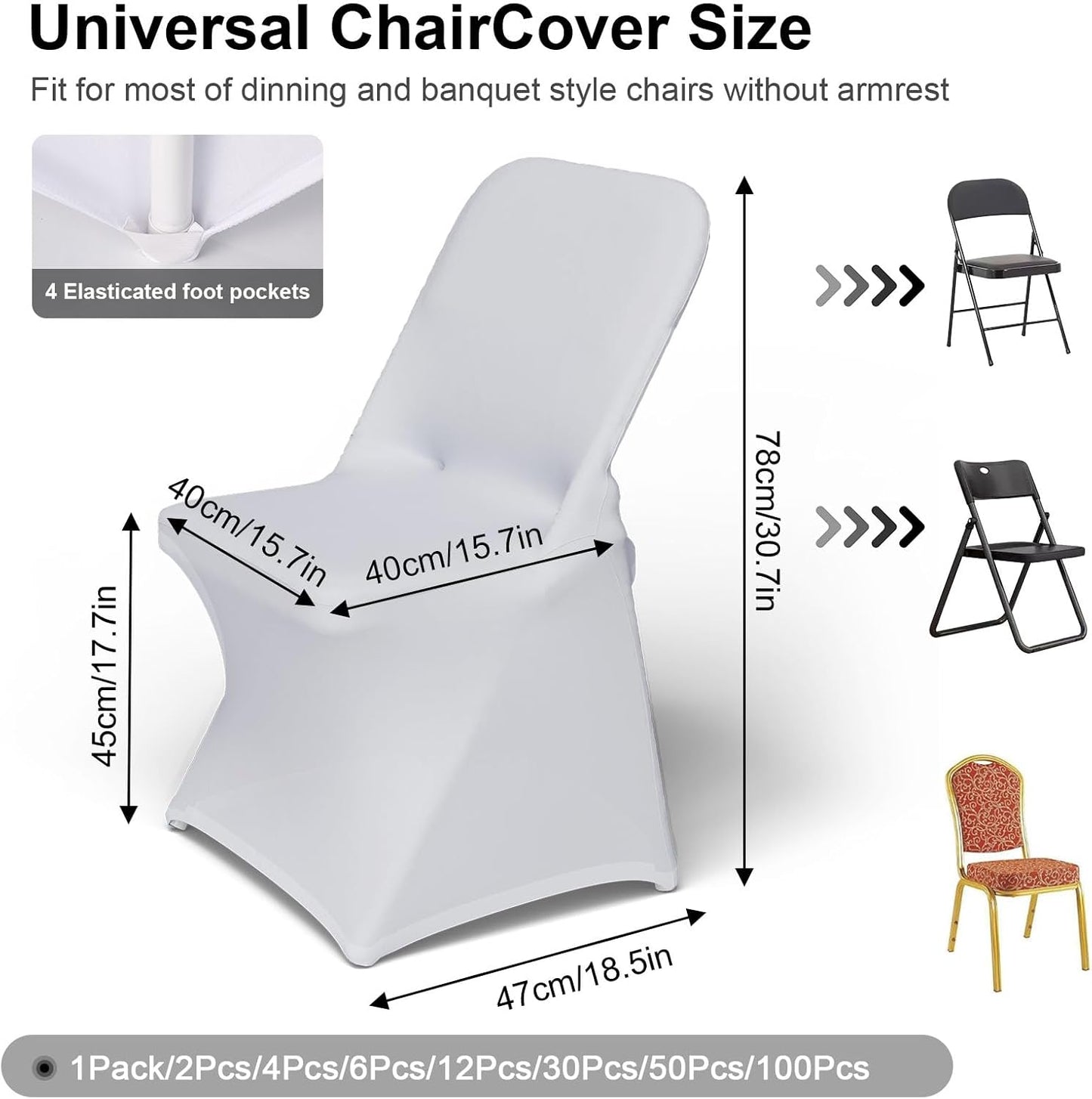 Trlyc Spandex Folding Chair Covers - 100 Pcs Universal Fitted Stretchy Slipcovers for Weddings | White
