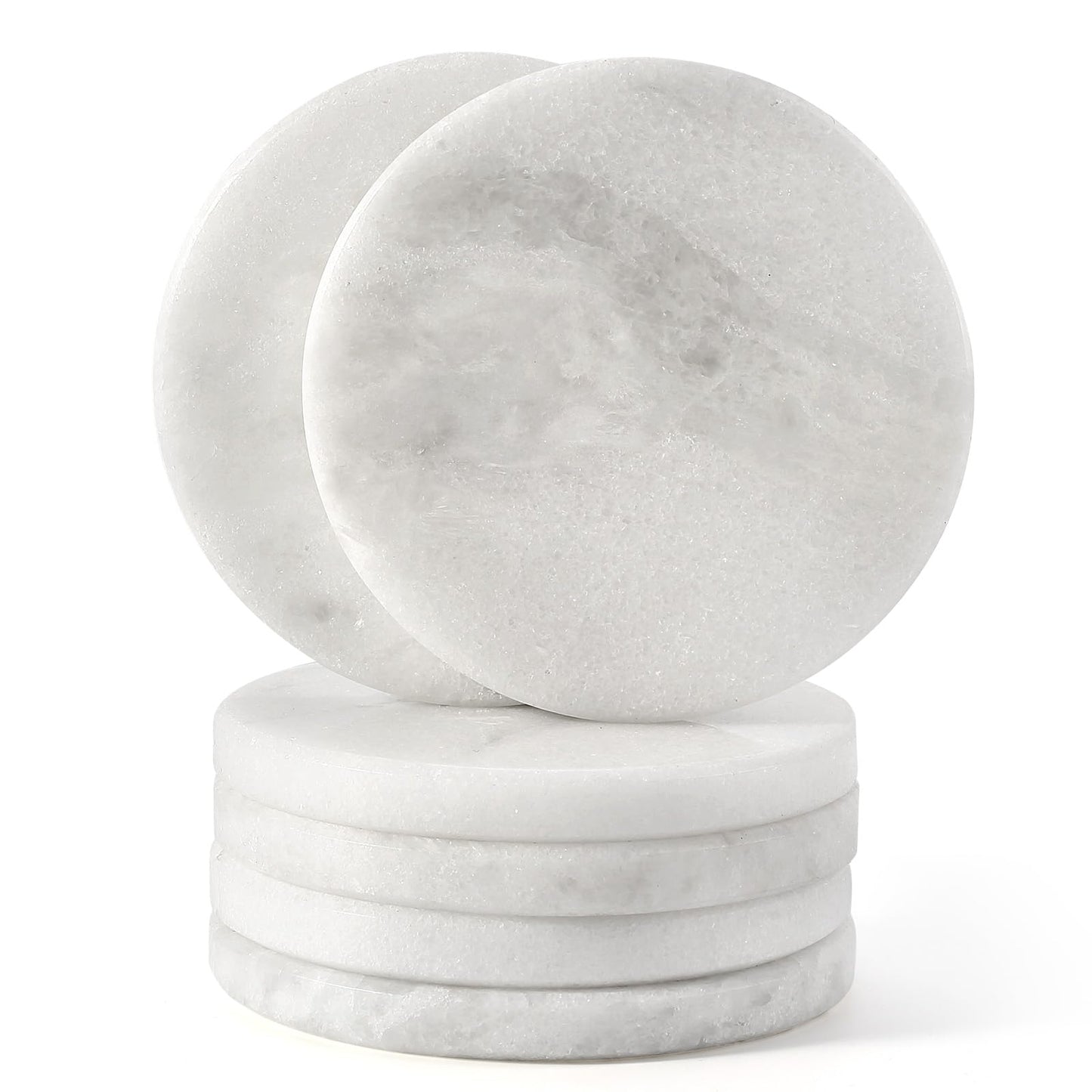 Koville White Marble Coasters Set of 6 for Coffee Table, 3.9" Inches Handmade Round Coaster, Luxury Aesthetic Modern Drink Coaster for Table Décor Home Décor, Coasters for Dining, Bar or Office