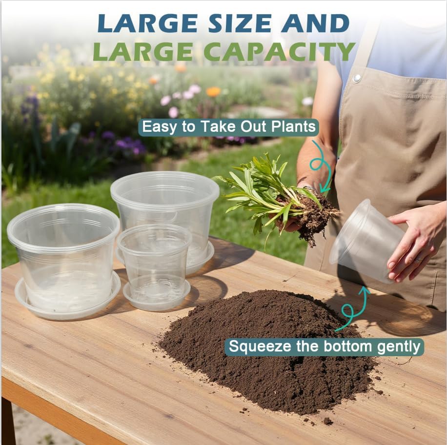 Skiennix Clear Nursery Pots - Large Size with Drainage & Saucers | 9 Pack Plastic Plant Pots for Seedlings