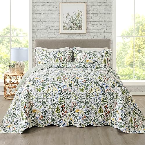 Qs-Exquisite Travan 3-Piece Floral Quilt Set Queen Size | Lightweight & Soft Microfiber Bedspread with Shams, Garden Style Bedding for All Seasons