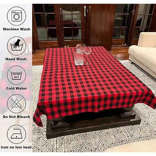 Tablecloth for Coffee Table, 100% Cotton, Black and Red Tablecloth Buffalo Checkered Table Cover 55in x 37in