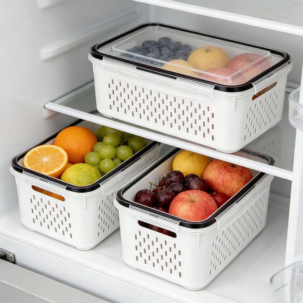 Skiennix Fruit Storage Containers - Transparent Plastic with Removable Colanders | 4-in-1 Vegetable Box (Gray, S+M)