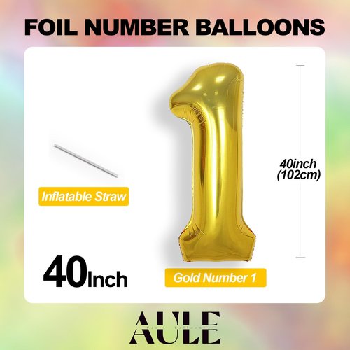 AULE 40 Inch Big Gold 1 Balloon Number Large Foil Helium Number Balloons 0-9 Jumbo Giant Happy 1st Birthday Party Decorations for Boy or Girl Huge Mylar Anniversary Party Supplies