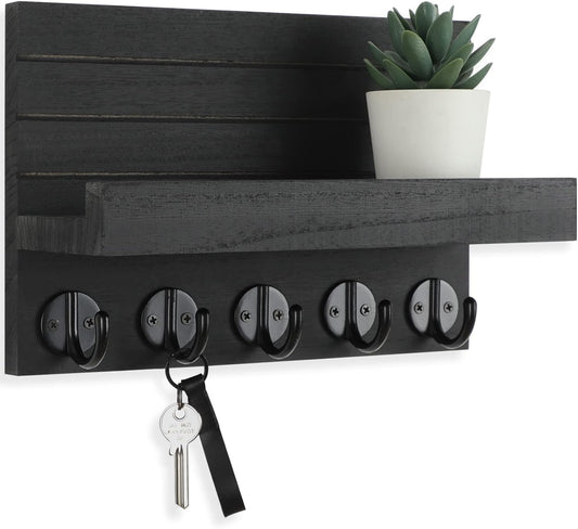 Lwenki Key Holder - Decorative Wall-Mounted Key and Mail Organizer with Shelf | Paulownia Wood (9.8”W x 6.7”H x 4.2”D)