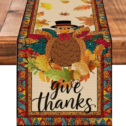 Turkey Thanksgiving Table Runner Seasonal Fall Kitchen Dining Linen Table Decoration for Indoor Outdoor Home Party Decor 13 x 72 Inch
