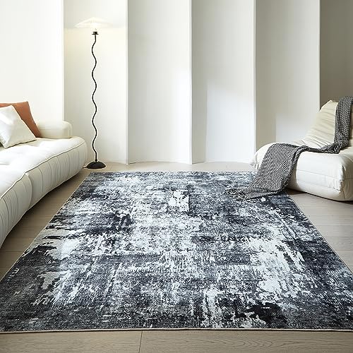 Washable 6x9 Abstract Area Rug - Grey & Black Low Pile Home Decor - Rugcomf Variation
