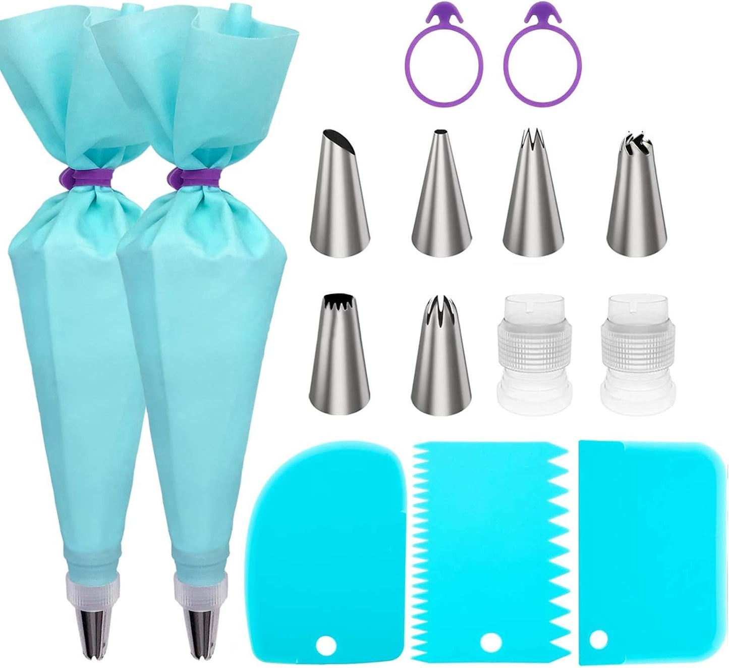 Piping Bags and Tips Set, 16" Reusable Piping Bags, Frosting Piping Kit for Baking with Pastry Bags and Tips, Standard Converters, Silicone Rings, Cake